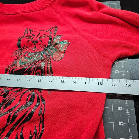 Vintage Cat Sweatshirt Women Medium Red Black Glitter Bow 80s Granny Retro Kitty - Picture 8 of 8